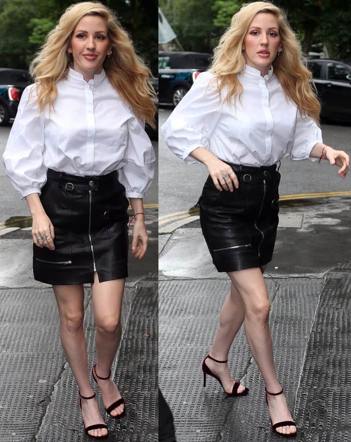 Ellie Goulding wearing an Alexander McQueen blouse, Isabel Marant skirt, and Saint Laurent sandals while out and about in London