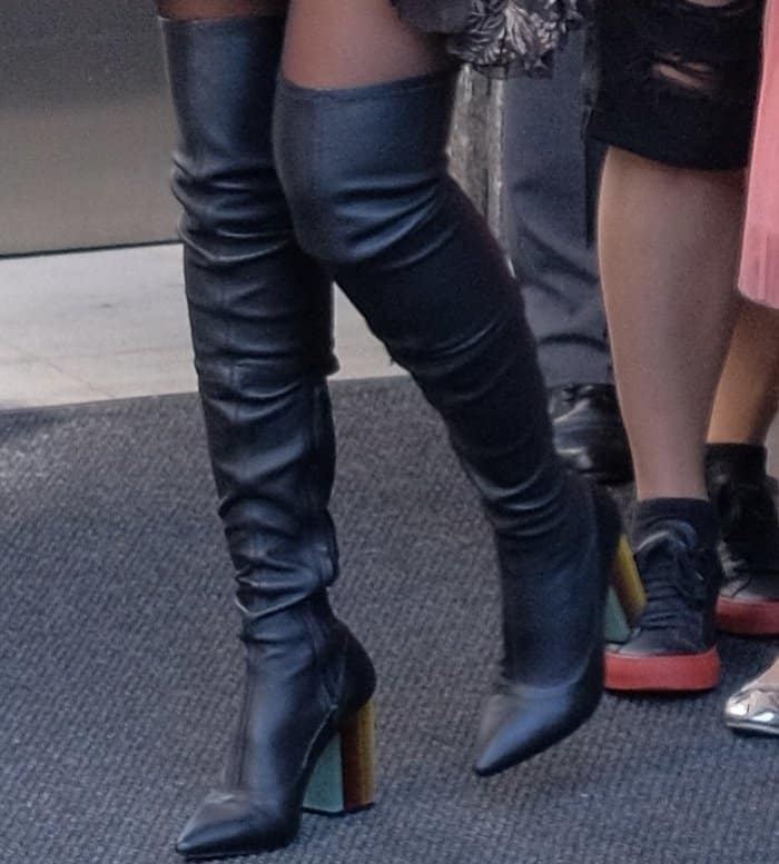 Jessica Alba's fitted thigh-high boots from Zimmermann feature pointy toes, zip closures at inner seams and multicolored Perspex heels