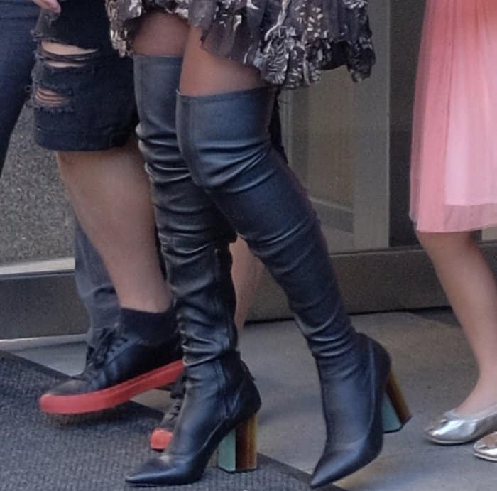 Jessica Alba's fitted thigh-high boots from Zimmermann feature pointy toes, zip closures at inner seams and multicolored Perspex heels
