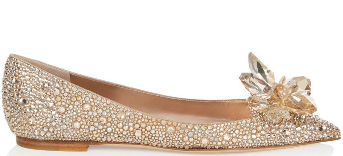 Jimmy Choo “Attila” crystal-covered pointy-toe flats in golden mix