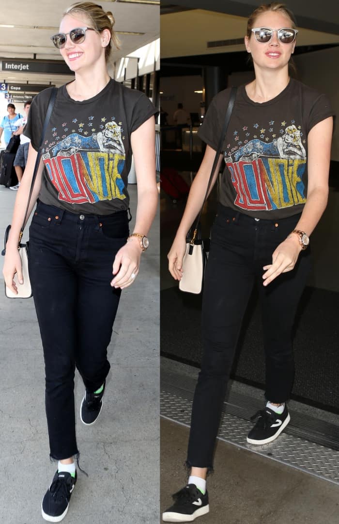 Kate Upton arriving at LAX in a vintage Blondie shirt, skinny jeans, and Tretorn "Nylite Plus" sneakers