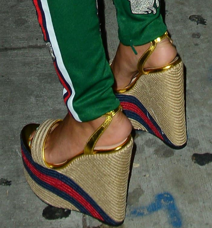 Leigh-Anne Pinnock wearing Gucci metallic leather platform espadrilles