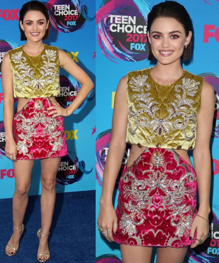 Lucy Hale wearing a Fausto Puglisi Fall 2017 look with pale gold Stuart Weitzman "Nudist" sandals at the 2017 Teen Choice Awards