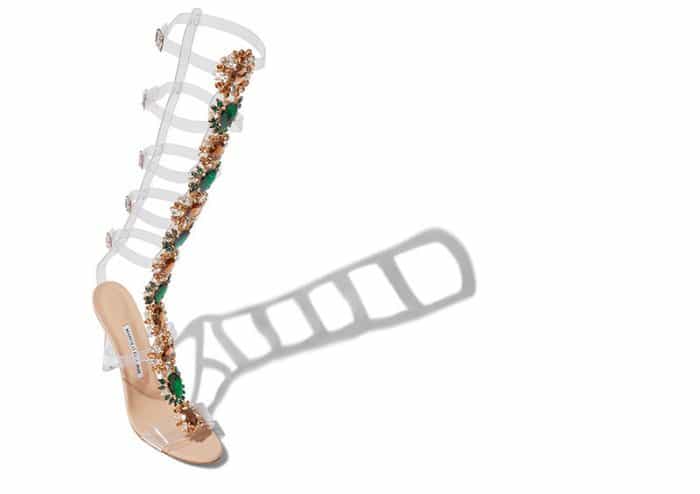 Rihanna x Manolo Blahnik “Poison Ivy” crystal and PVC detail knee-high gladiator sandals