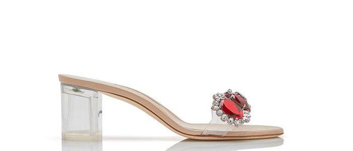 Rihanna x Manolo Blahnik “Spice” red crystal and PVC detail mid-heel mules