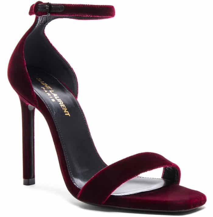 Saint Laurent "Amber" ankle-strap sandals in French burgundy velvet