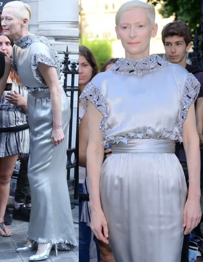 Tilda Swinton wearing head-to-toe Chanel at the Vogue Paris Foundation dinner