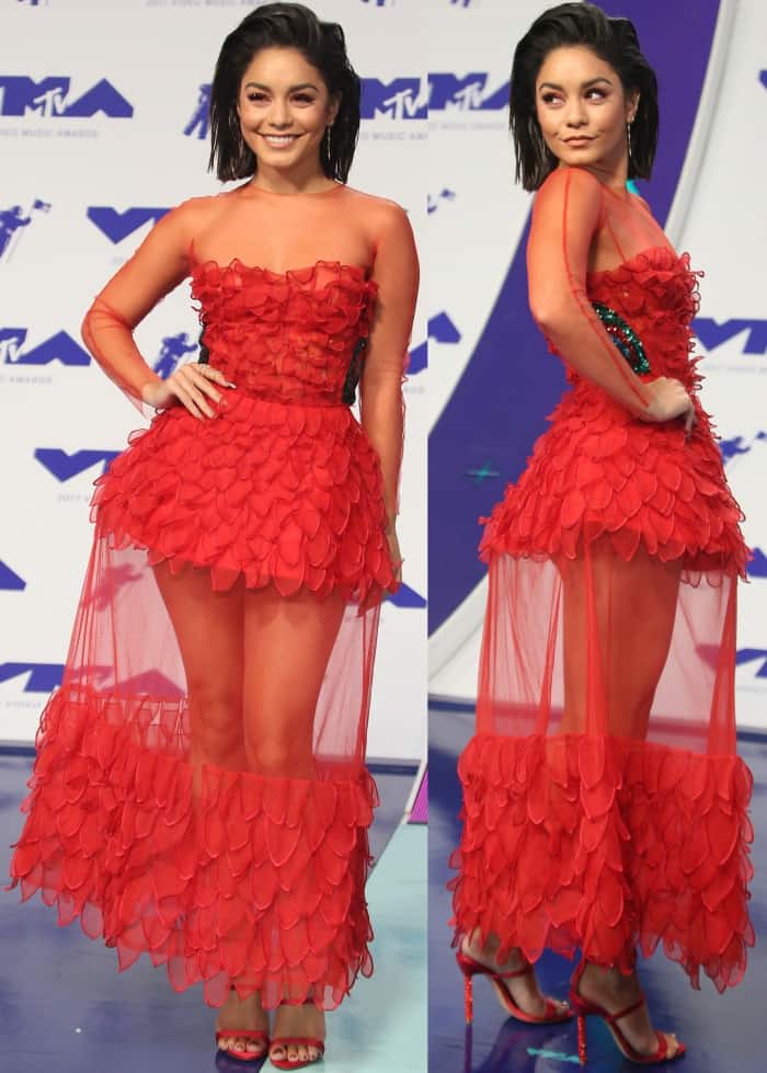 Vanessa Hudgens donned a Yanina Couture fit-and-flare dress paired with striking red Sophia Webster heels at the 2017 MTV Video Music Awards