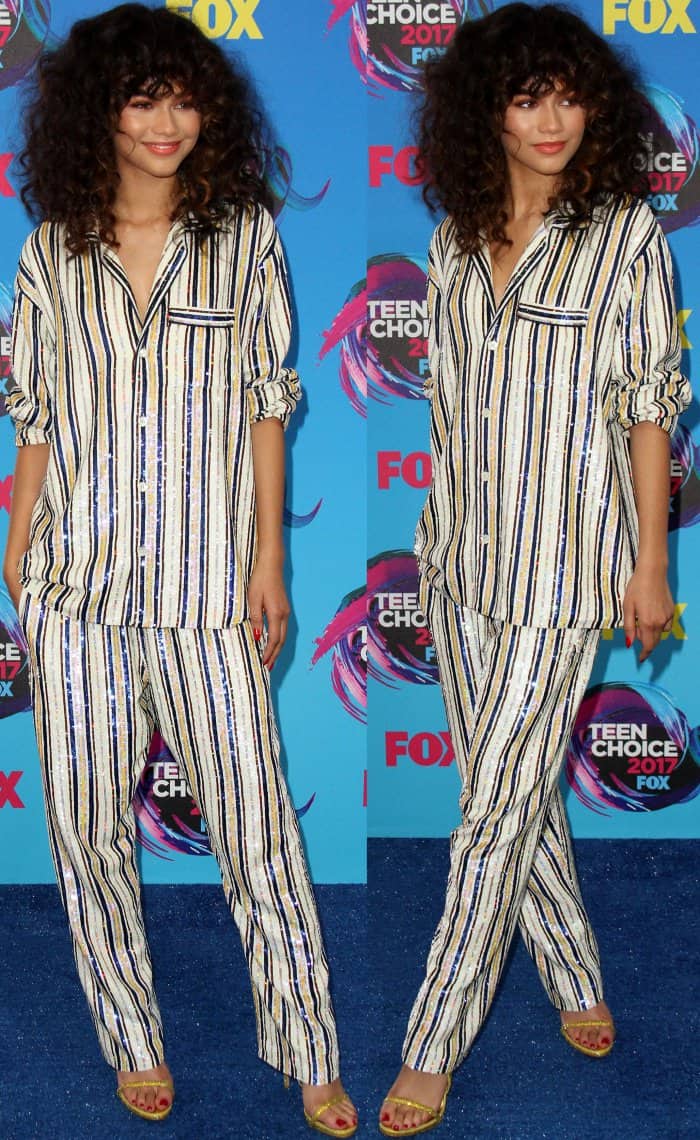 Zendaya in striped sequined pajamas by Ashi Studio with a matching top