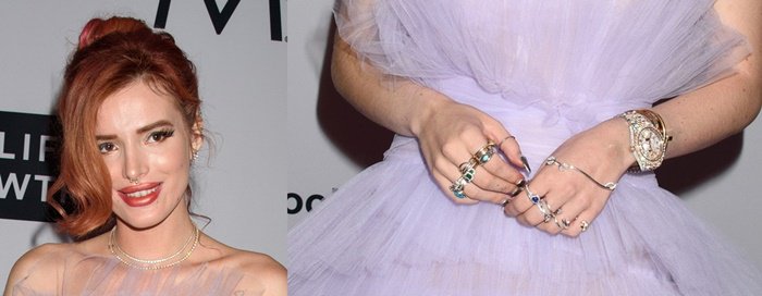 Bella Thorne in a lilac Pamella Roland tulle gown and Schutz "Thamille" ankle tie pumps.