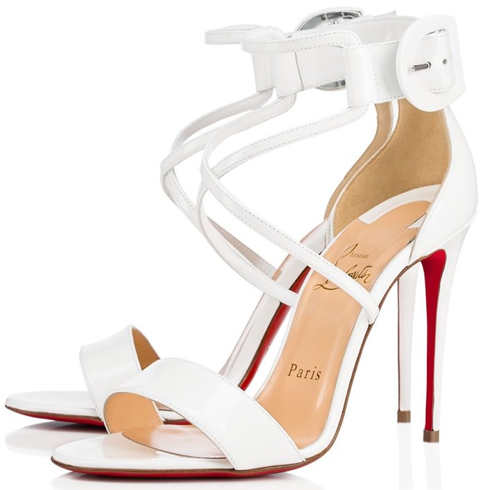 Elevated on a 100mm stiletto heel, this pair in latte patent leather is an understated beauty