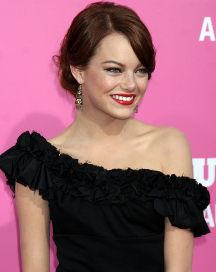 Emma Stone in a black structured dress at Columbia Pictures' premiere of "House Bunny" held at the Mann Village Theater on August 20, 2008 in Westwood, California