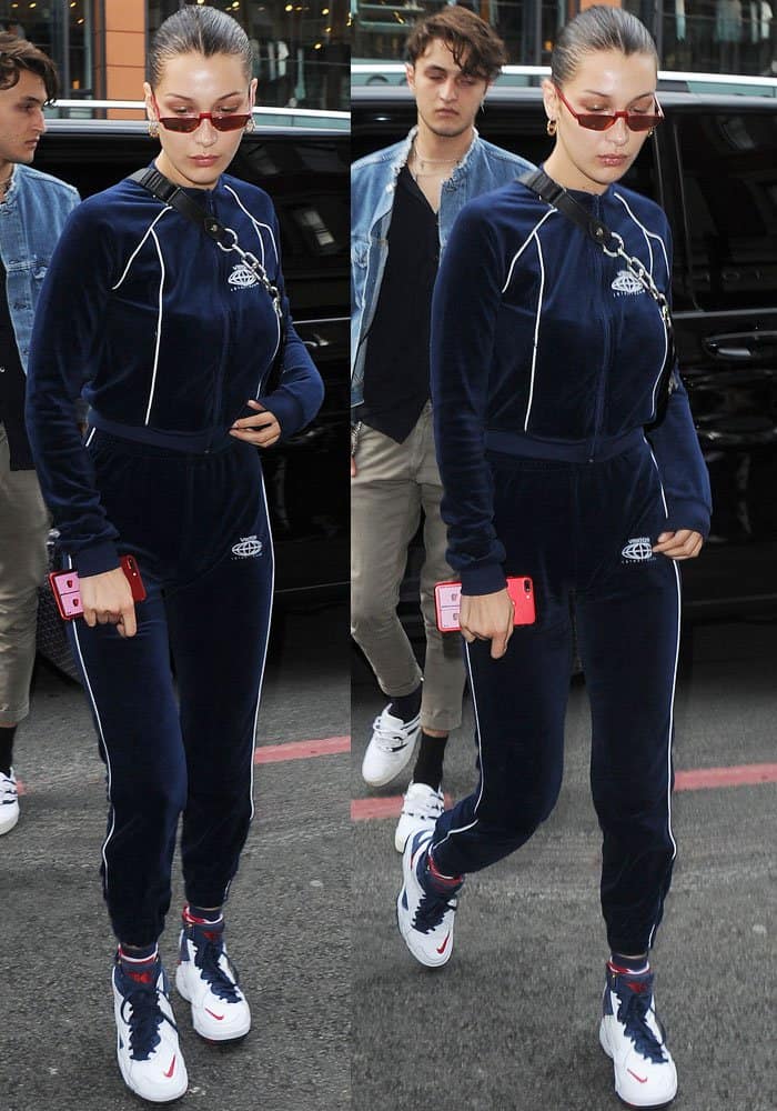Bella Hadid opted for a sporty look, donning a tracksuit that exuded casual chic
