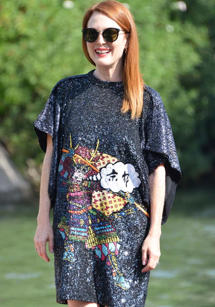 Julianne wears a youthful Japanese art-inspired dress by Louis Vuitton