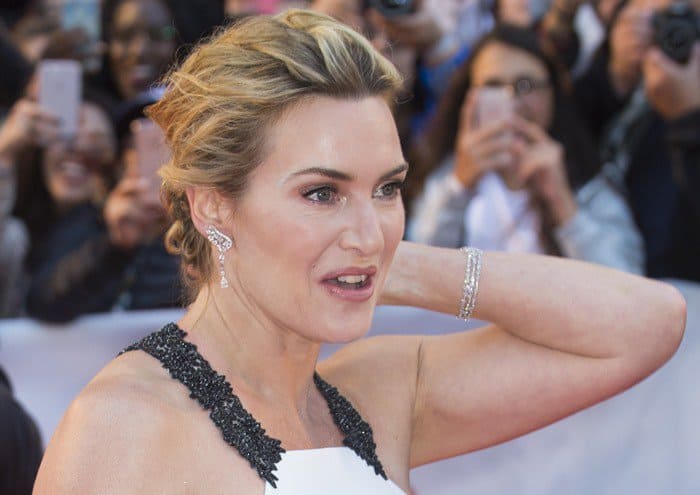 Kate Winslet turned heads in a white and black gown at the premiere of 'The Mountain Between Us' at the Roy Thomson Hall in Toronto, Canada, on September 10, 2017