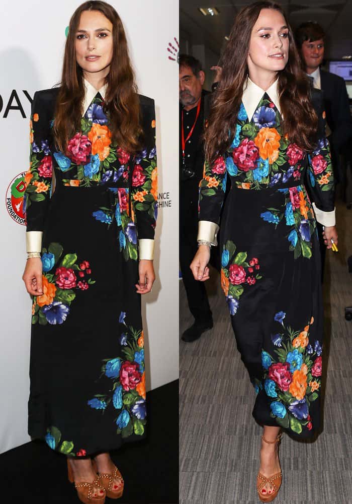 Keira Knightley at BGC Charity Day on September 11, 2017, wearing a Gucci grosgrain-trimmed floral-print silk crepe de chine midi dress paired with Tabitha Simmons Julieta sandals in cognac