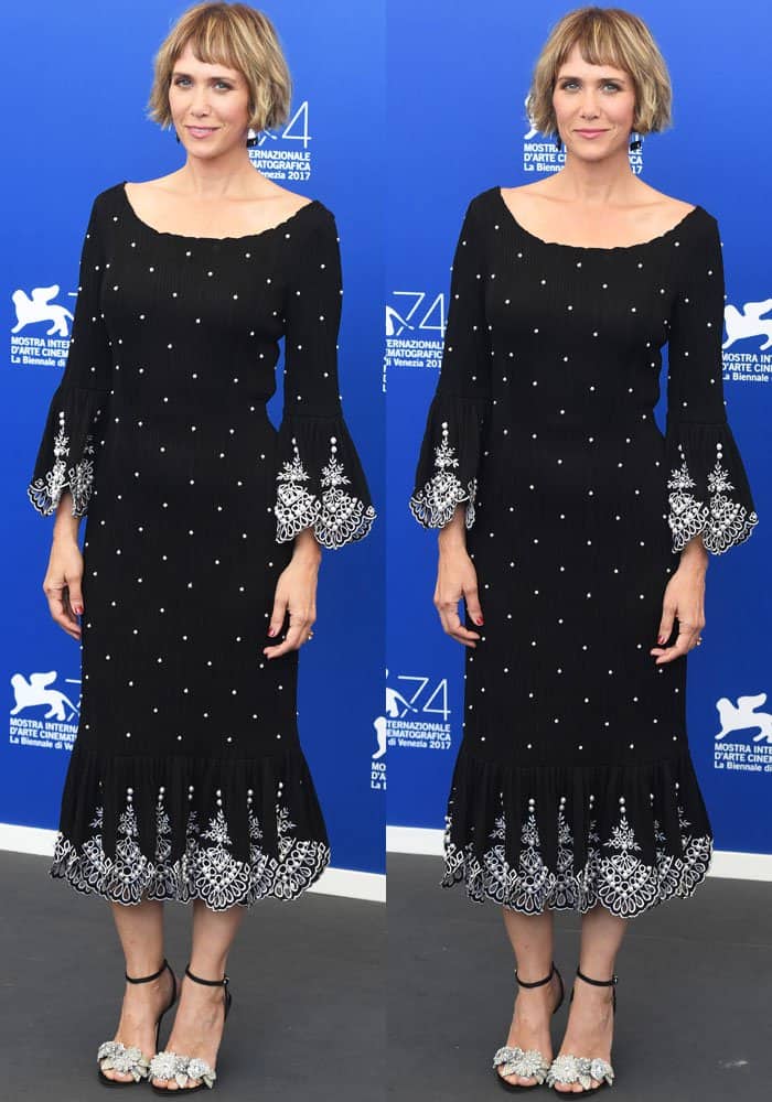 Kristen turns up in a chic pearl-embellished Prabal Gurung dress