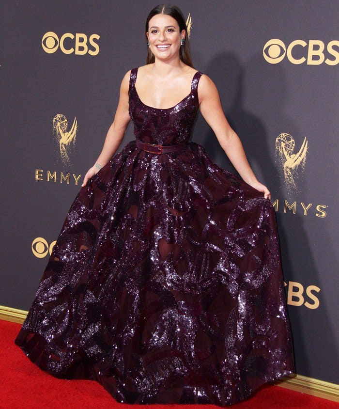 Lea Michele wearing a sequined Elie Saab Fall 2017 gown at the 2017 Emmy Awards held at the Microsoft Theater in Los Angeles on September 17, 2017
