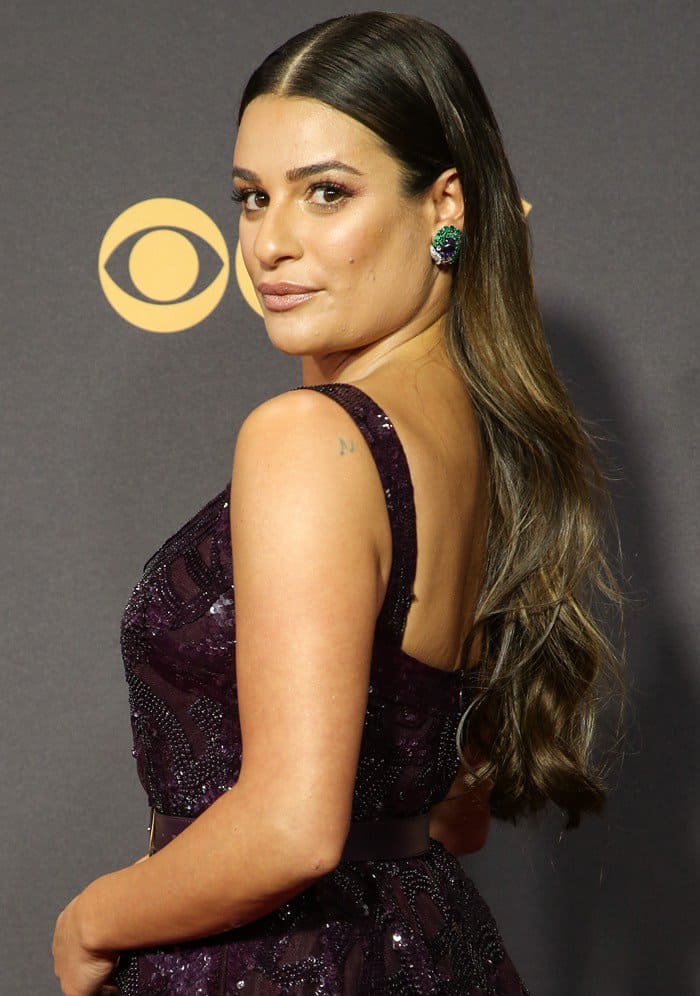 Lea Michele wearing a sequined Elie Saab Fall 2017 gown at the 2017 Emmy Awards held at the Microsoft Theater in Los Angeles on September 17, 2017