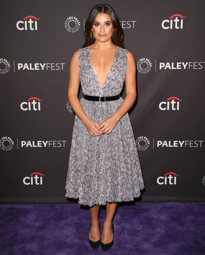 Lea Michele in a georgette Philosophy dress and Stella Luna "indispensable" pumps in black kid suede.