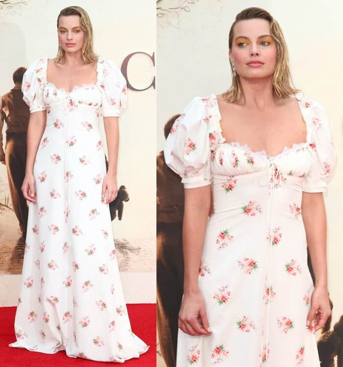 Margot wore a floor-length floral dress from Brock Collection