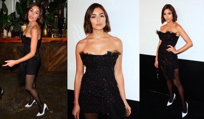 Olivia Culpo donned a polka-dot LBD from Carmen March coupled with matching black stockings from Calzedonia