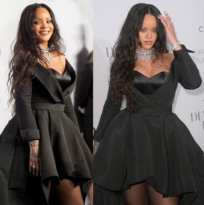 Rihanna wears a black gown with sparkling jewels for the glamorous event.
