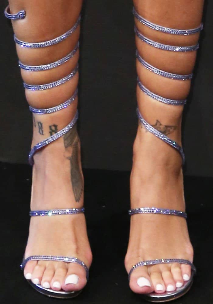 Rihanna shows off her feet in custom René Caovilla sandals in a matching lavender hue