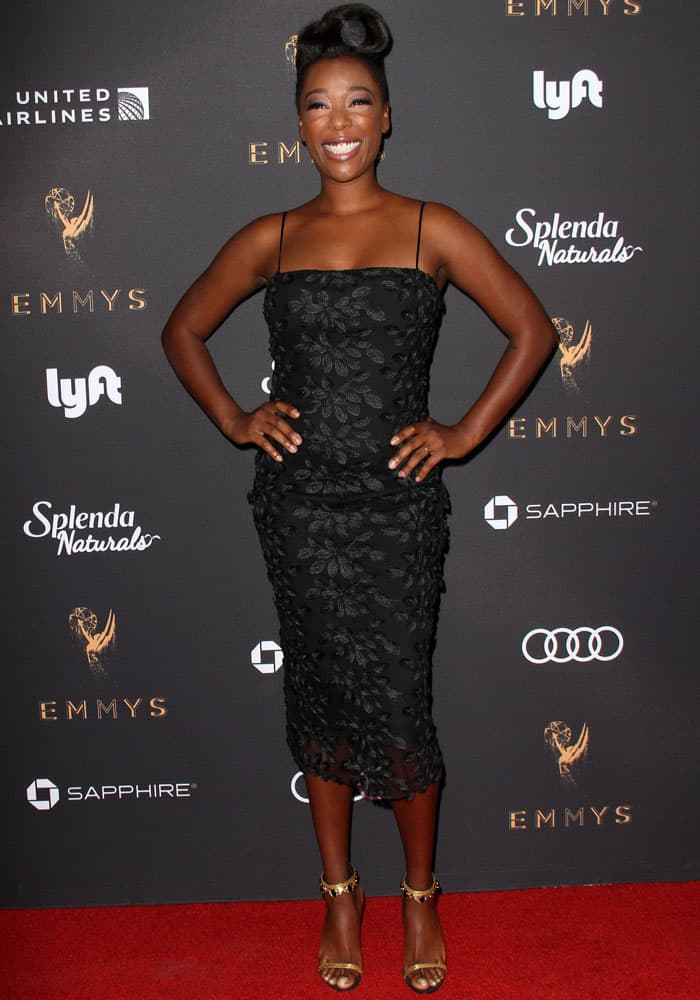 Samira Wiley wears a tacky embroidered dress