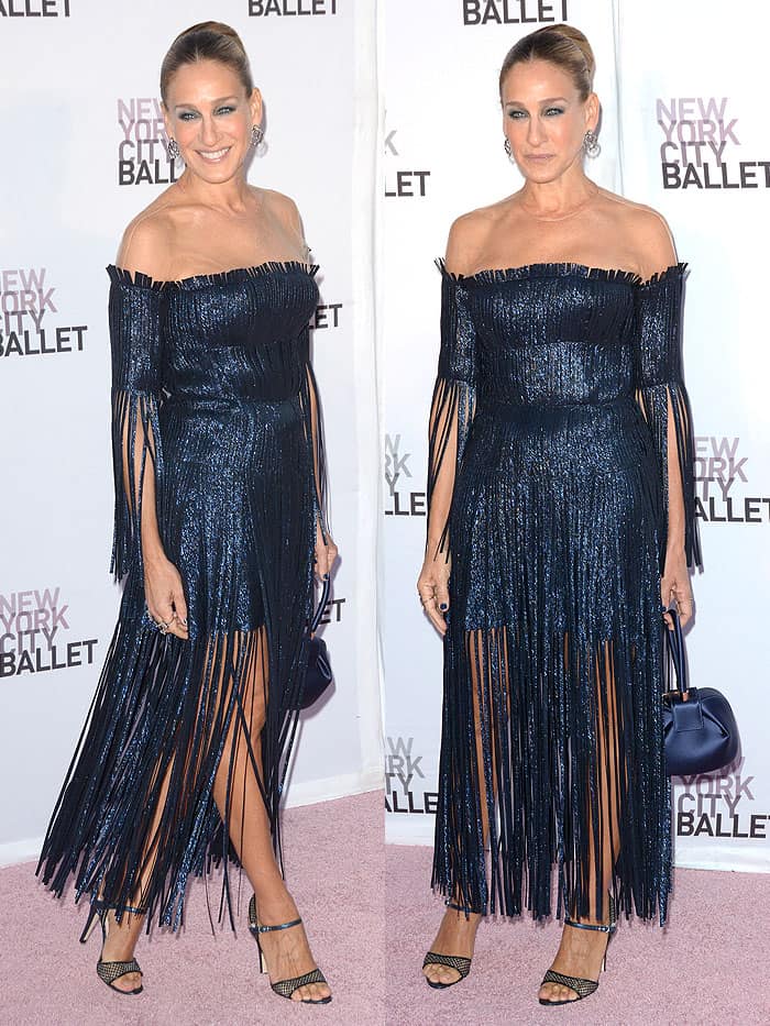 Sarah Jessica Parker showed off her DIY-ed Monse fringe dress with glittery SJP Collection sandals at the New York City Ballet’s 2017 Fall Fashion Gala