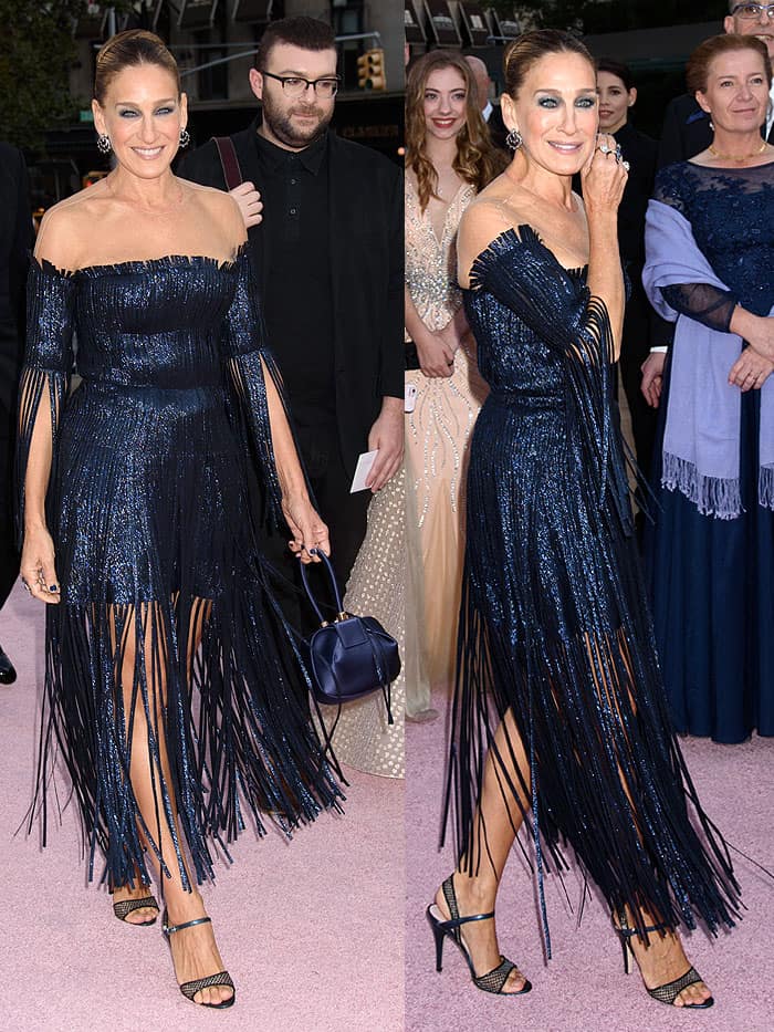 The glittery ankle-strap heels from Sarah Jessica Parker’s SJP Collection featured a slim stiletto and open toe, creating a leg-lengthening effect that perfectly balanced the bold fringe of her dress