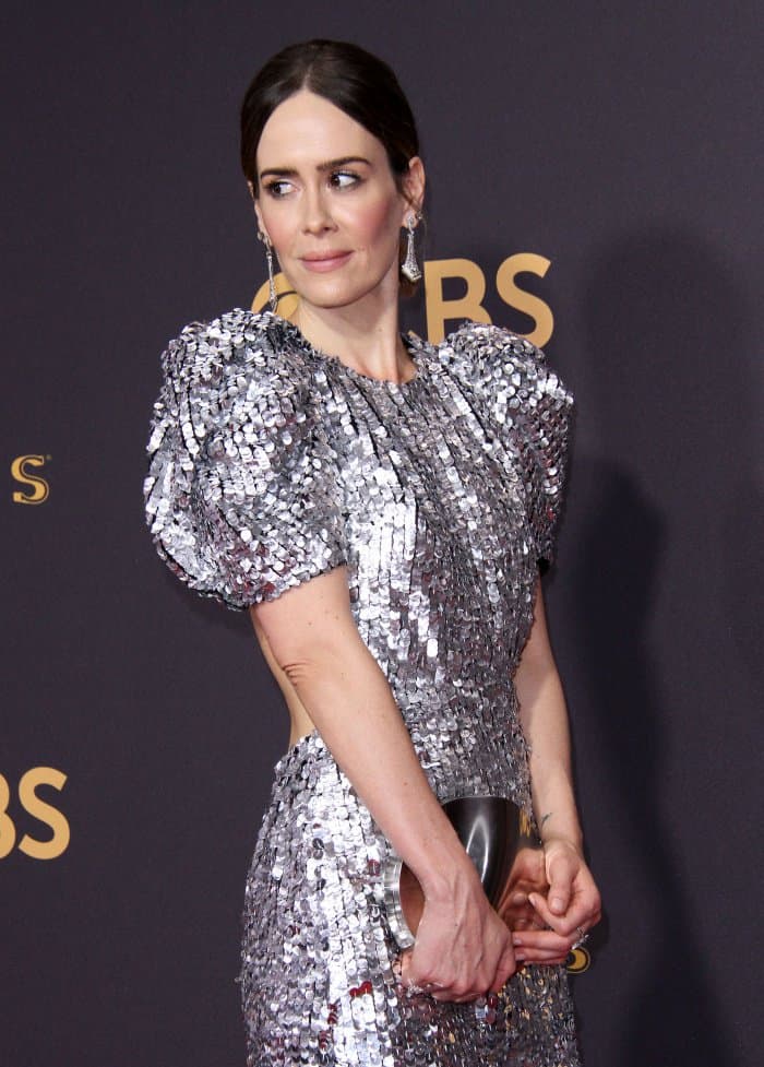 Sarah Paulson in a silver sequined Carolina Herrera dress and matching silver Stuart Weitzman pumps.