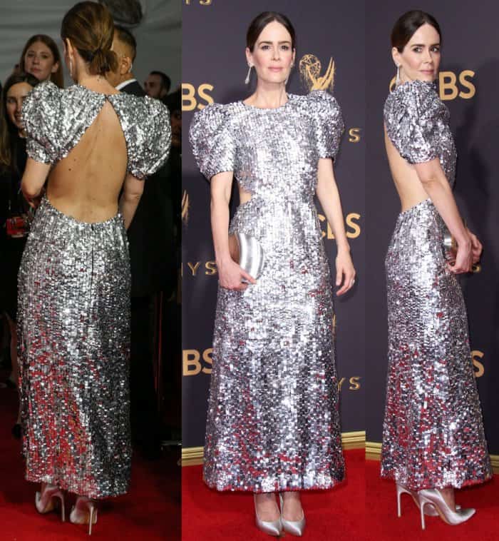 Sarah Paulson in a silver sequined Carolina Herrera dress and matching silver Stuart Weitzman pumps.