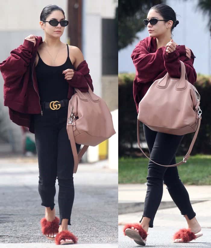 Vanessa Hudgens wears sleek and flattering skinny jeans with a black Gucci belt