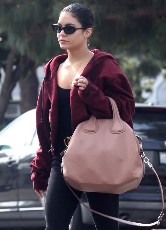 Vanessa Hudgens paired her off-duty look with a millennial pink Givenchy 'Nightingale' tote