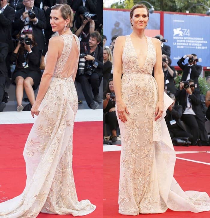 Kristen Wiig radiates elegance in a shimmering Zuhair Murad gown with intricate embellishments at the 74th Venice Film Festival