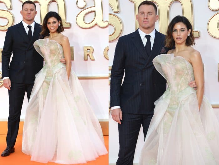 Jenna Dewan exuded ethereal elegance in a sculptural Zac Posen gown featuring a sheer, flowing skirt, while Channing Tatum looked sharp in a classic double-breasted pinstripe suit
