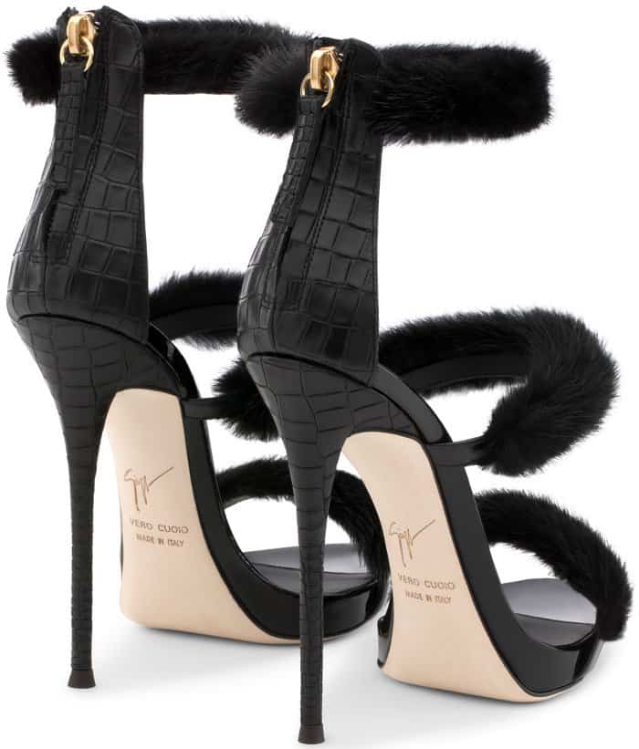 Giuseppe Zanotti "Harmony Winter" black patent leather sandals with mink fur