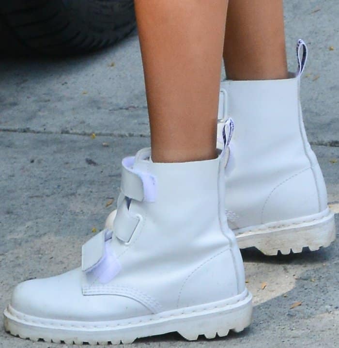 Hailey Baldwin wearing Dr. Martens "Coralia" boots in white Venice leather while out and about in Beverly Hills