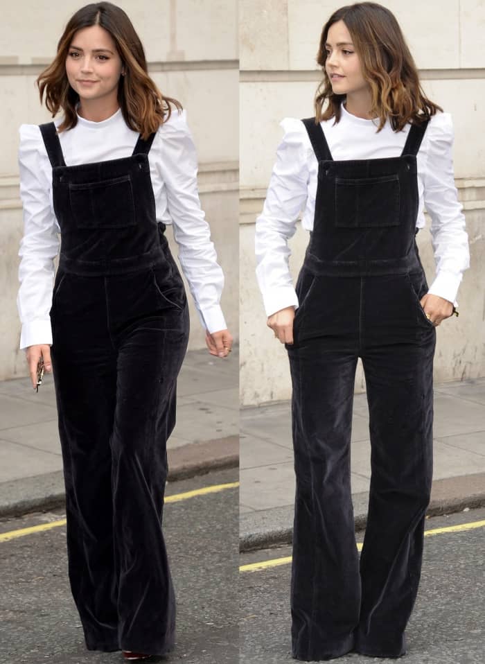 Jenna Coleman wearing a white long-sleeved blouse, black dungarees, and black pumps at the BBC Radio 2 studios