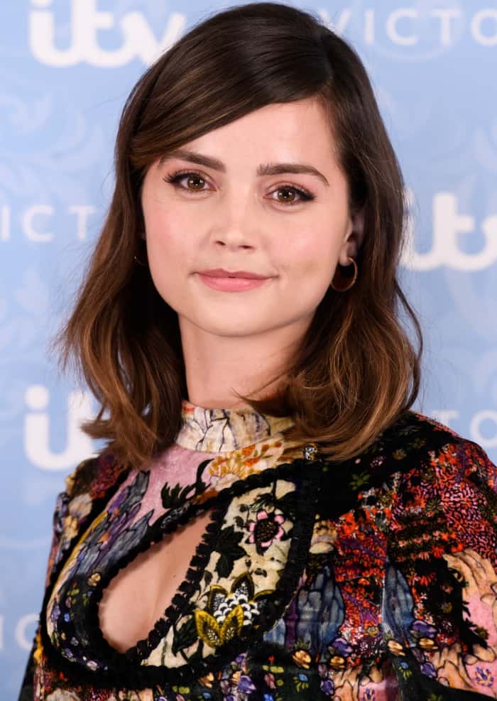 Jenna Coleman wearing the Erdem "Zuzanna" silk dress at the season 2 premiere of "Victoria" in London