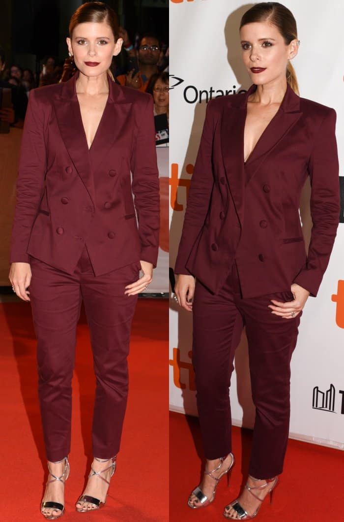 Kate Mara wearing a maroon two-piece suit and Christian Louboutin "Choca" sandals at the "My Days of Mercy" premiere during the 2017 Toronto International Film Festival