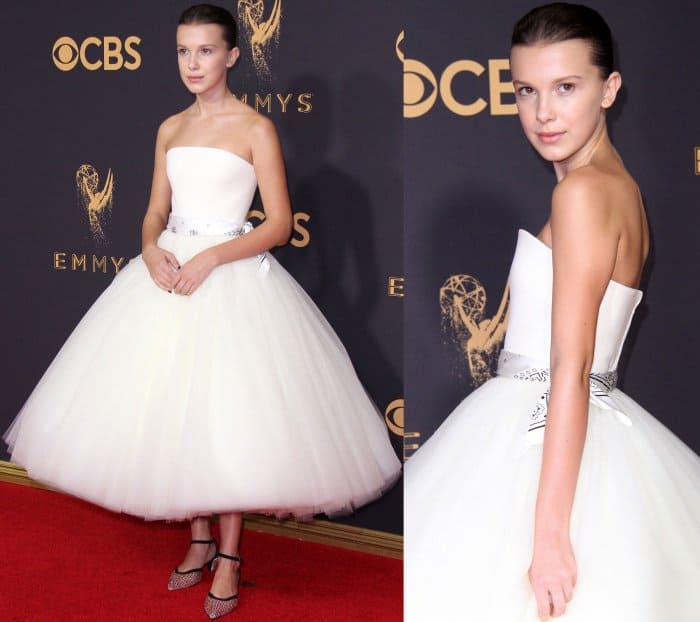 Millie Bobby Brown wearing a Calvin Klein By Appointment gown and Calvin Klein 205W39NYC slingback pumps at the 69th Emmy Awards