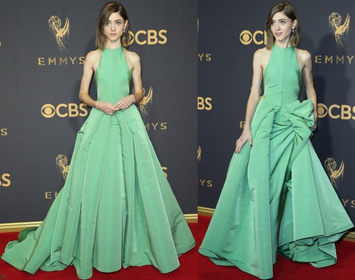 Natalia Dyer wearing a custom Vera Wang gown and Jimmy Choo shoes at the 69th Emmy Awards