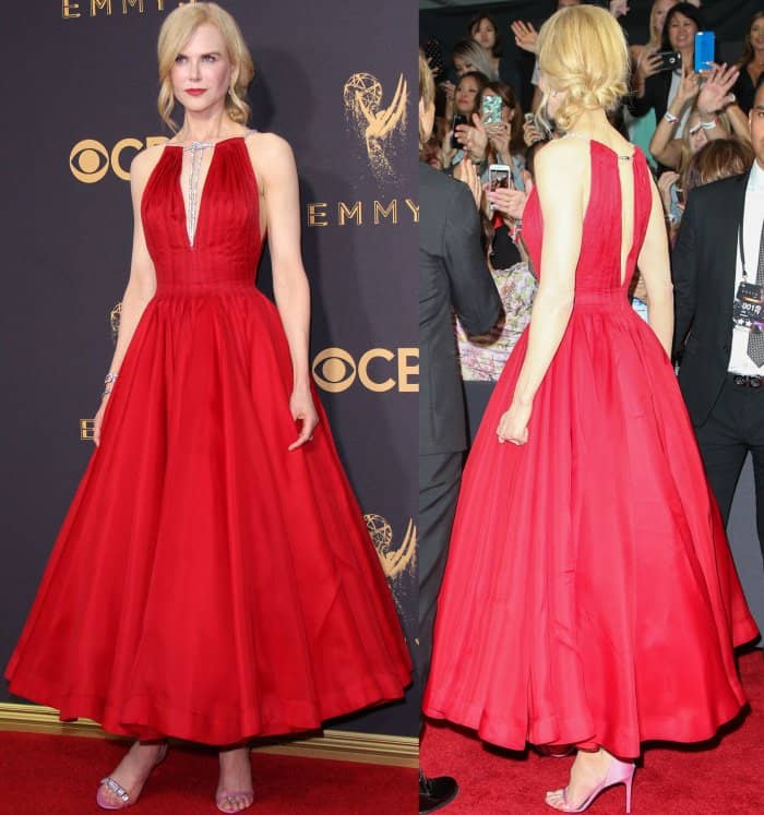 Nicole Kidman wearing a Calvin Klein By Appointment dress and Calvin Klein 205W39NYC "Camelle" sandals at the 69th Emmy Awards