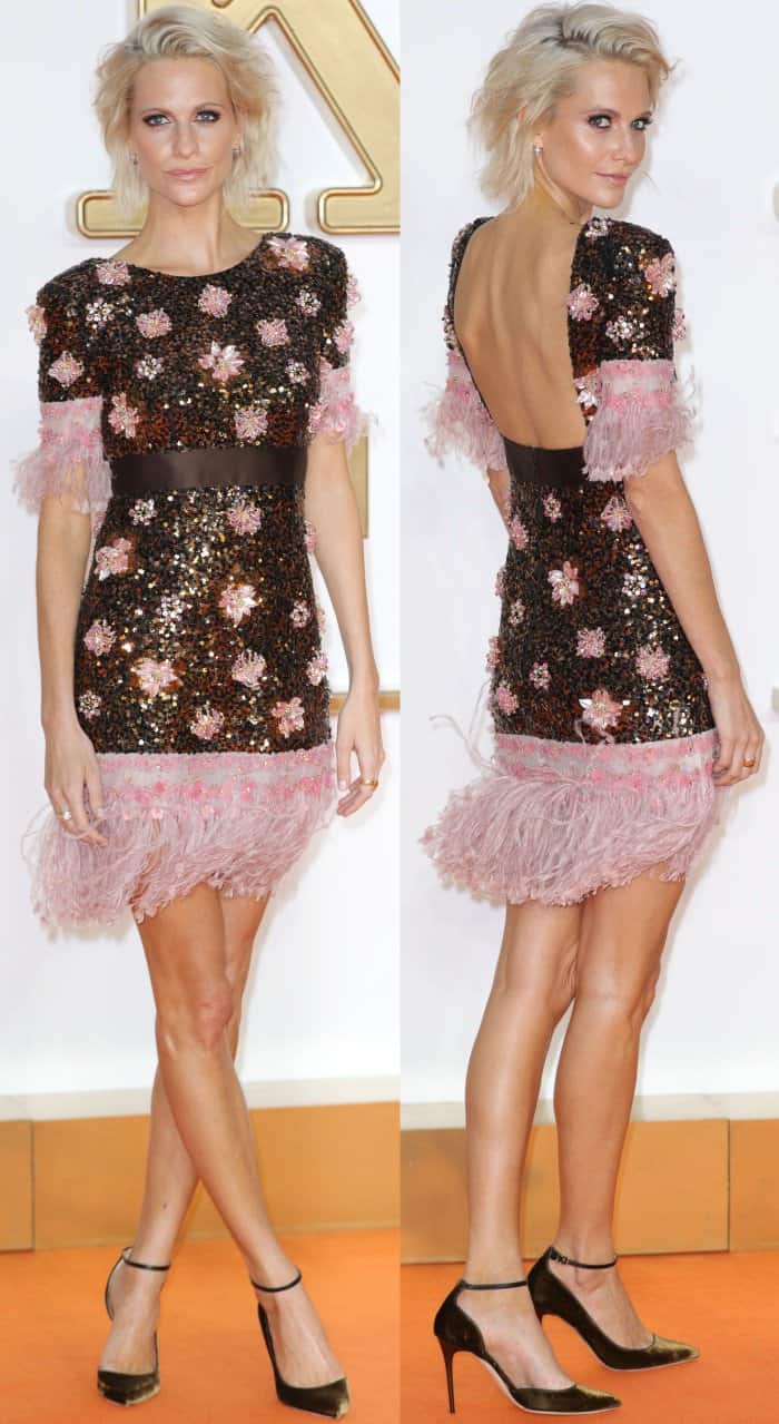 Poppy Delevingne dazzles in a Chanel sequin mini dress with pink feathered trim styled with sleek black ankle-strap pumps