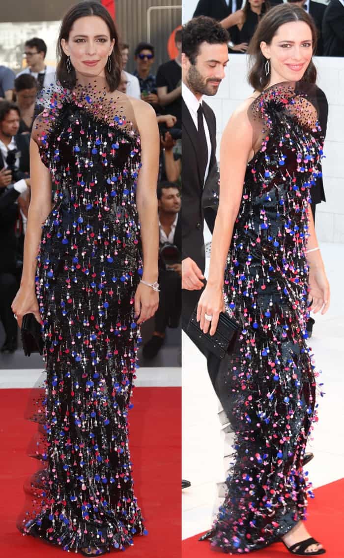 Rebecca Hall wearing an Armani Privè Fall 2017 gown and black sandals at the "Downsizing" premiere during the 74th Venice Film Festival