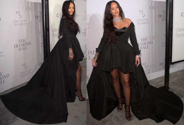 Rihanna wearing a custom black Ralph & Russo Couture gown and Giuseppe Zanotti "Harmony" sandals at the 3rd Annual Diamond Ball