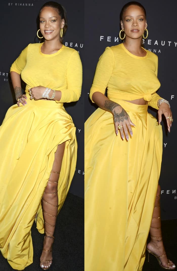 Rihanna celebrated the launch of her Fenty Beauty makeup line with a party in New York City, wearing a custom outfit by Oscar de la Renta