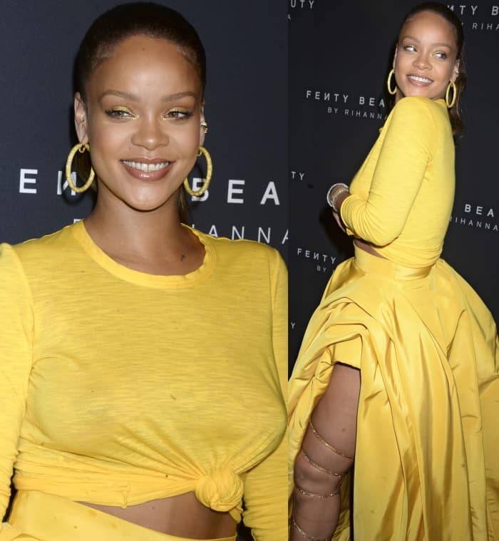 Rihanna's ensemble featured a canary yellow jersey top cinched at the waist, paired with a matching voluminous full-length skirt